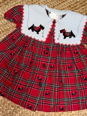 Bonnie Baby Red Plaid Scottie Dog Dress with White Peter Pan Collar